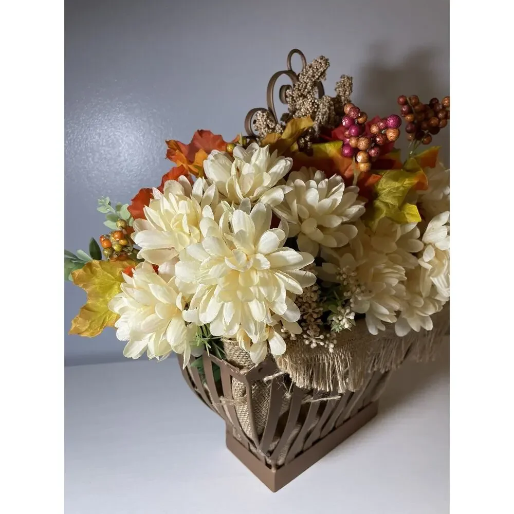 Fall Flower Arrangement In Large Upcycled Metal Hanging Basket Copper Painted